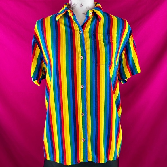 A.LAB Rainbow Striped Button Up Short Sleeve Shirt XS Gay Pride Colorful Kidcore - Picture 3 of 17